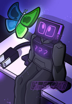 Detailed Full Body Drawing of CYBER spotting a familiar looking butterfly