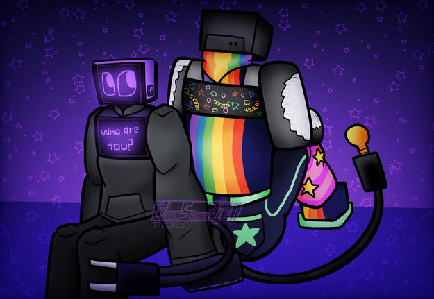 Detailed Full Body drawing of CYBER (left) and ARCADIA (right). Inspired by a drawing by AirwaveCreature.