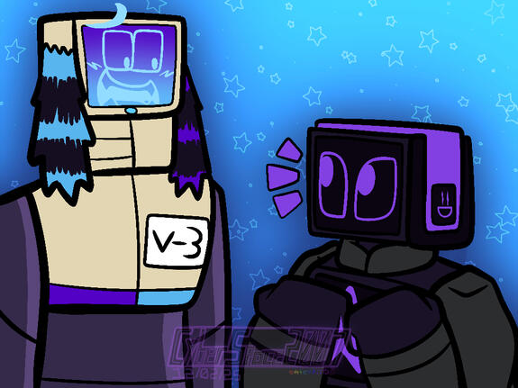 Simple Half Body Drawing of V-3 (left) and CYBERNETIX (right). V-3 belongs to Vinyl_Rav3r on ToyHouse.